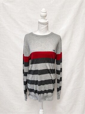 Bench Men's Gray Crewneck Sweater with Red and Charcoal Stripes